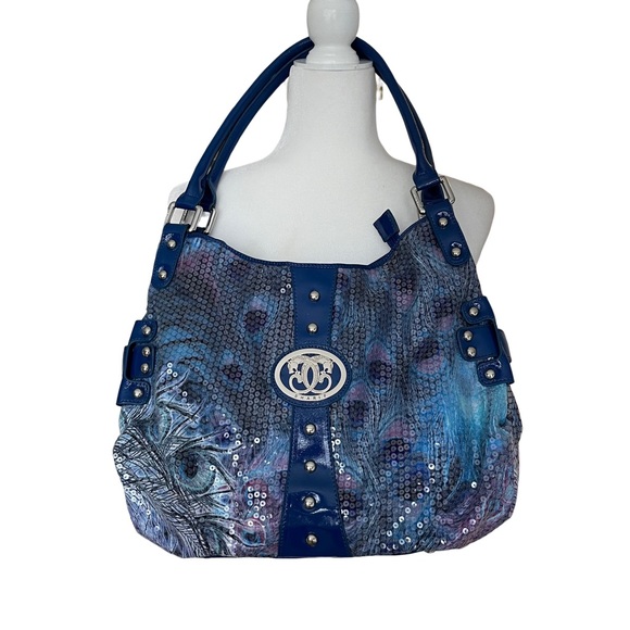 Sharif Handbags - NWOT SHARIF Designer Bag Satchel. Blue Sequins with Peacock Pattern. Like new.
